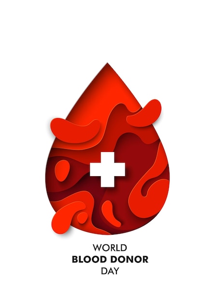 Plik wektorowy Światowy dzień dawcy krwi wektor plakat szablon cięcia papieru czerwona kropla krwi z krzyżem medycznym i tekstem