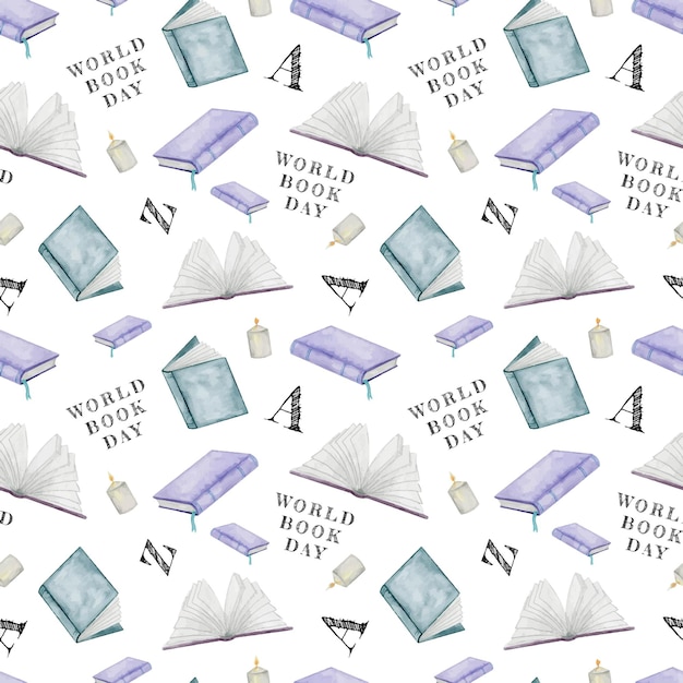 Światowy Dzień Książki Książki Akwarela Bezszwowe Wzór Szablonu Desing Do Pakowania ściany Z Tkaniny Papierowej