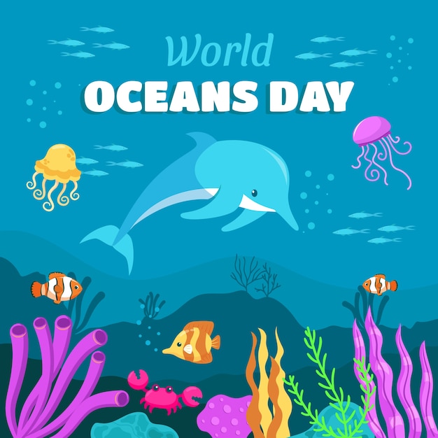Światowy dzień oceanów ręcznie rysowana płaska ilustracja