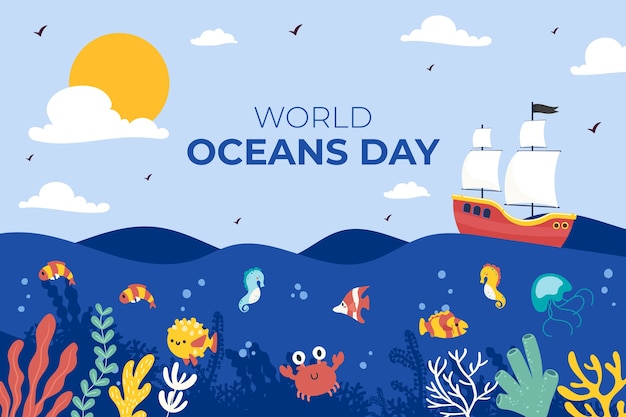 Światowy dzień oceanów ręcznie rysowana płaska ilustracja