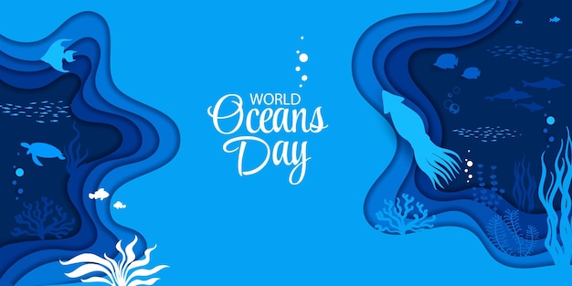 Światowy Dzień Oceanu Morze Wycięte Z Papieru Podwodny Krajobraz I Sylwetki Zwierząt Tło Wektor Wycinane Z Papieru Podwodne żółwie Kalmary I Delfiny W Warstwach Wyciętych Z Papieru Na Dzień Oceanu I środowisko Morskie