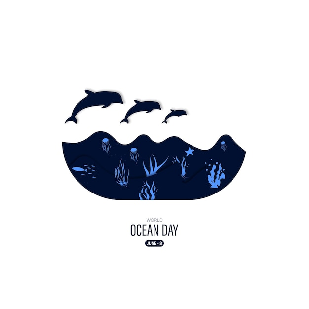Światowy Dzień Oceanu Wektor Ilustracja W Stylu Cięcia Papieru Podwodnym Widokiem Na Ocean.