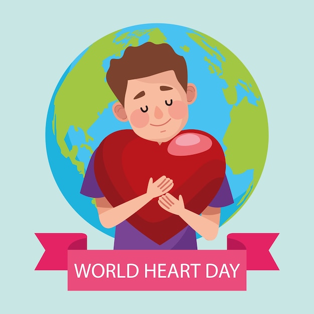 Światowy Dzień Serca Z Mężczyzną Przytulającym Serce I Planetę.