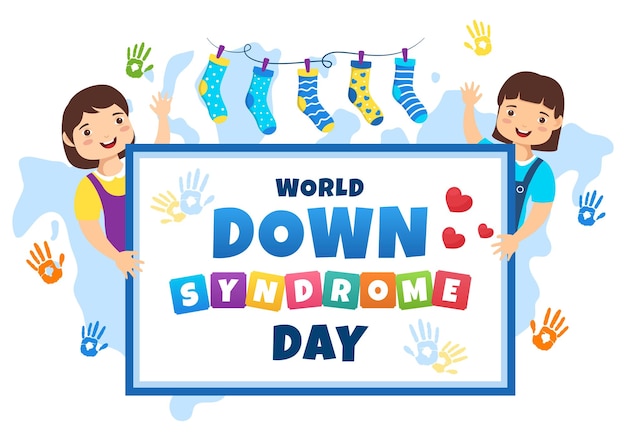 Plik wektorowy Światowy dzień syndromu down ilustracja wektorowa 21 marca z niebieską i żółtą wstążką i dziećmi