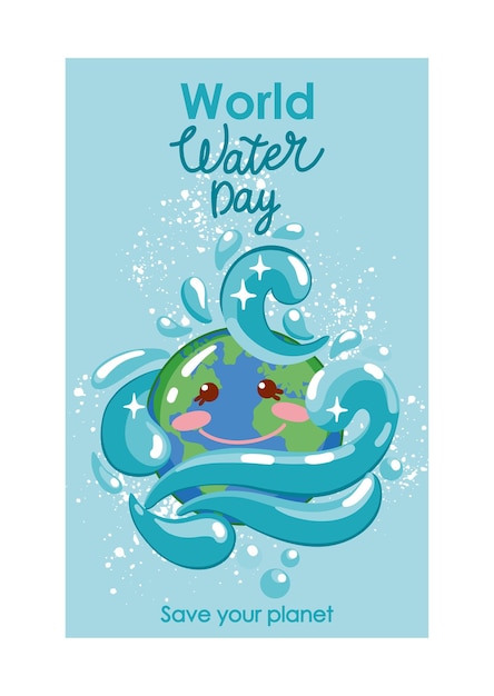 Światowy Dzień Wody Ilustracja Wektorowa Z Planetą Ziemią Mytą Przez Fale I Rozpryski Wody