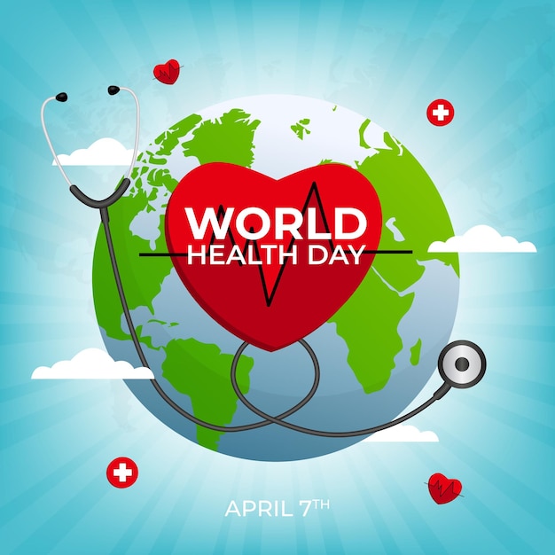 Światowy Dzień Zdrowia 7 kwietnia ze stetoskopem i ilustracją tła kuli ziemskiej