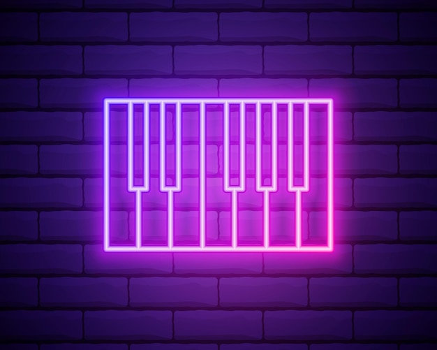 Świecąca Linia Neonowa Ikona Syntezatora Muzycznego Na Białym Tle Na Tle ściany Z Cegły. Pianino Elektroniczne Ilustracja Wektorowa