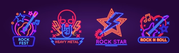 Świecące Neonowe Szyldy Na Logo Festiwalu Rockowego, Zespołu Lub Klubu. Znak świetlny Na Imprezę Muzyczną Rock N Roll Z Punkową Czaszką I Gitarami. Akustyczne I Elektryczne Instrumenty Muzyczne Do Heavy Metalu