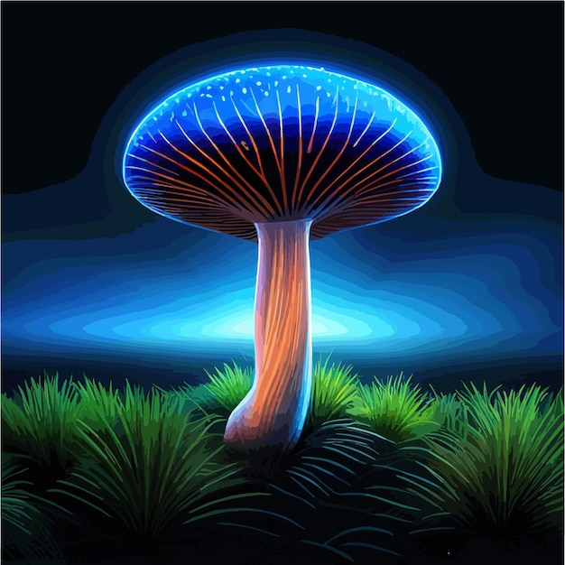 Plik wektorowy Świecący grzyb z małymi neonowymi grzybami na ciemnym tle ilustracji wektorowych