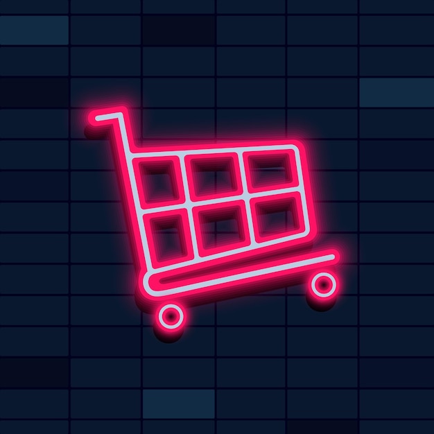 Świecący neonowy wózek na zakupy w supermarkecie na tle ceglanego muru Neonowe efekty świetlne sklepowy koszyk