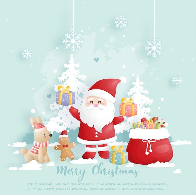Święta Bożego Narodzenia W Tle Z Mikołajem I Przyjaciółmi, Scena Bożonarodzeniowa W Stylu Cięcia Papieru
