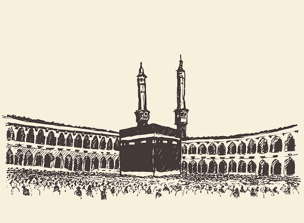 Święta Kaaba W Mekce Arabia Saudyjska Z Muzułmanami, Vintage Grawerowana Ilustracja