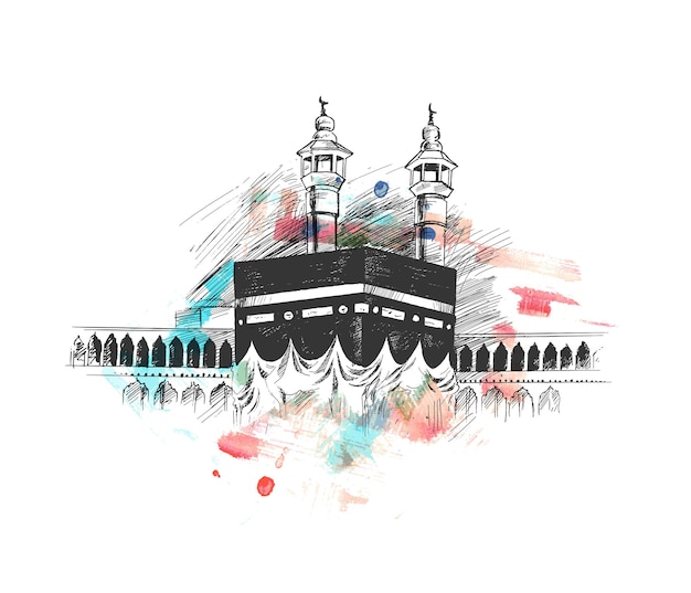 Święta Kaaba W Mekce Arabii Saudyjskiej, Ręcznie Rysowane Szkic Wektor Ilustracja.