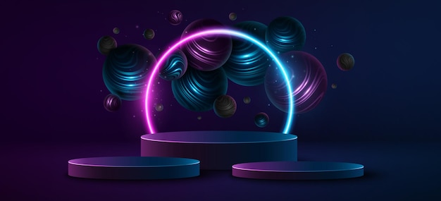 Świetliwy podium z lewitującymi sferami 3D teksturowanymi paskowymi wzorami Podstęp z niebieskim i fioletowym łukiem neonowym do wyświetlania produktu marki Ilustracja wektorowa