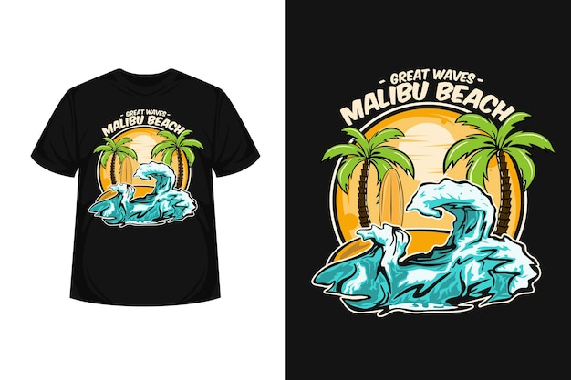 Świetne Fale Malibu Projekt Koszulki Z Ilustracjami Na Plaży