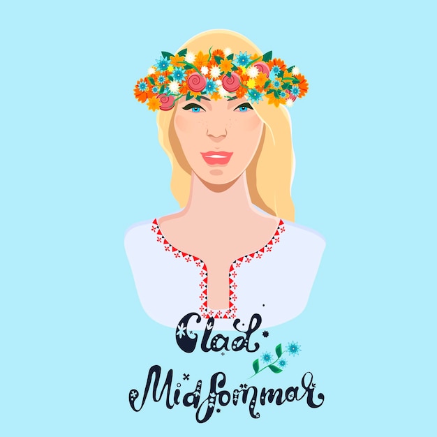 Plik wektorowy Święto przesilenia letniego transparent piękna dziewczyna z kwiatowym wieńcem i tekstem glad midsommar vector illustration