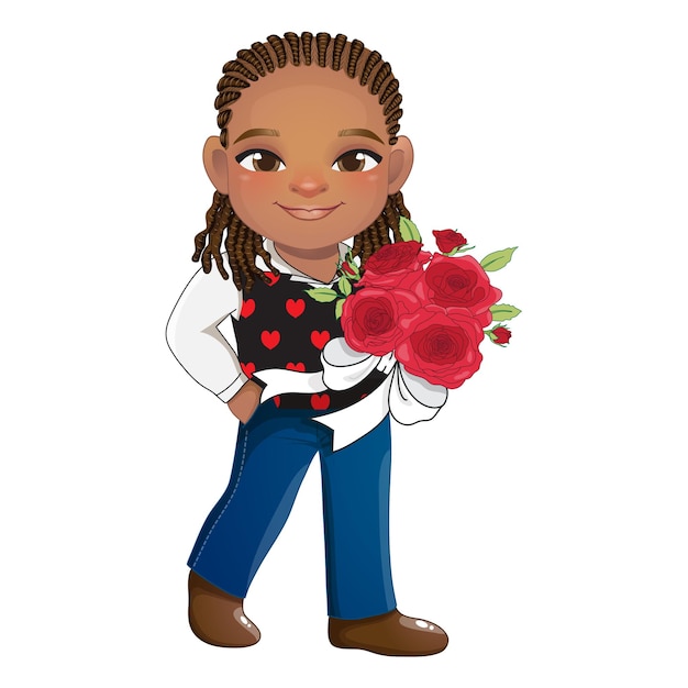 Plik wektorowy Święto walentynek z amerykańskim chłopcem afrykańskim trzymającym bukiet róż wektor postaci z kreskówek