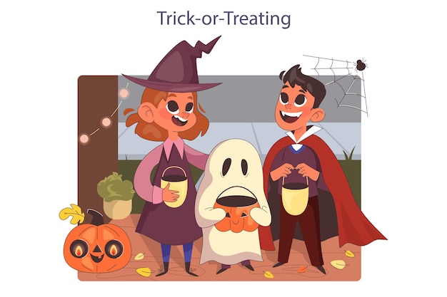 Świętowanie Halloween Szczęśliwe dzieci noszące kostiumowy cukierek albo psikus