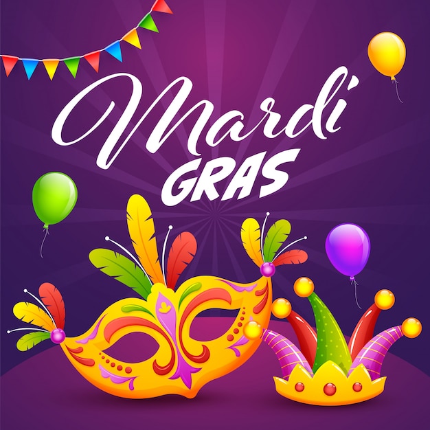 Świętowanie Mardi Gras Z Kolorową Maską Imprezową, Kapeluszem Błazna I Balonami Ozdobionymi Fioletowymi Promieniami.