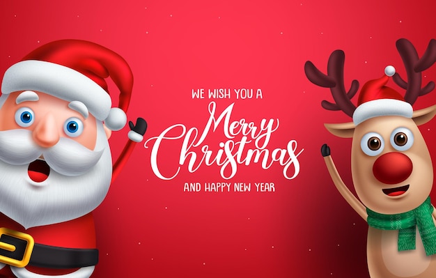 Święty Mikołaj I Renifer Wektor Znaków Bożonarodzeniowych Macha Ręką Z życzeniami Wesołych świąt.