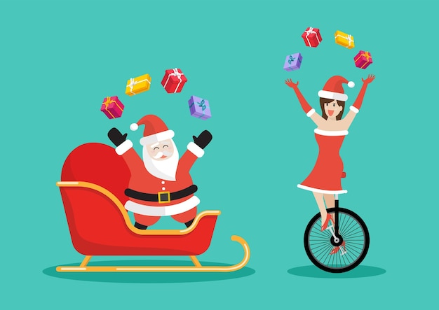 Święty Mikołaj I Santa Dziewczyna żonglują Prezentami W Pojeździe