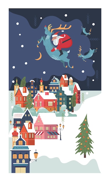 Święty Mikołaj Jedzie Na Jelenie Małe Przytulne, Pokryte śniegiem Miasteczko Nowy Rok I Boże Narodzenie