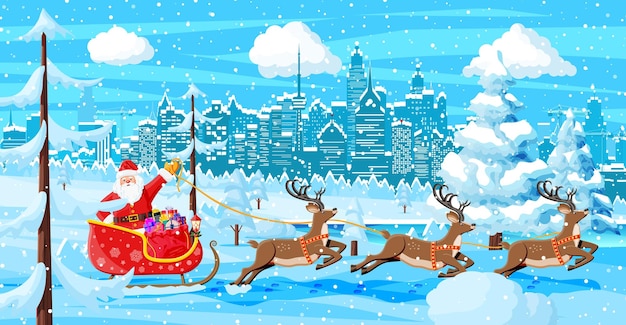 Święty Mikołaj Jeździ Saniami Reniferów Boże Narodzenie Zimowy Pejzaż Miejski Płatki śniegu I Drzewa Szczęśliwego Nowego Roku Dekoracja Wesołych świąt święta Bożego Narodzenia I Nowego Roku Ilustracja Wektorowa Płaski