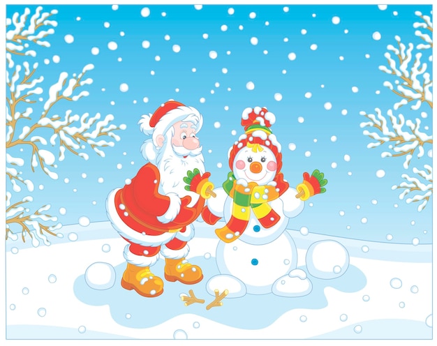 Święty Mikołaj Lepi Zabawnego Bałwana Z Kolorową Czapką, Szalikiem I Rękawiczkami W śnieżny Dzień