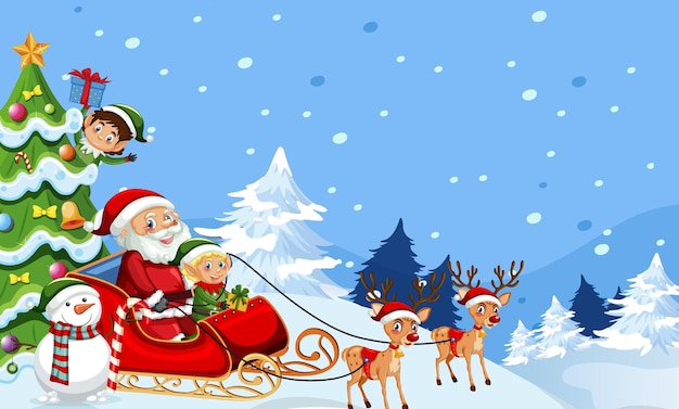 Święty Mikołaj na saniach z przyjaciółmi na śnieżnoniebieskim tle
