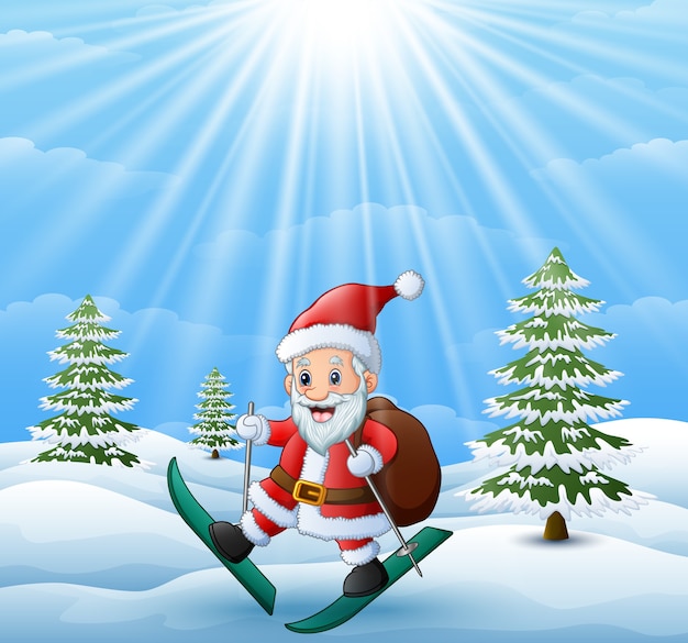 Święty Mikołaj narciarstwo w śnieżnym wzgórzu