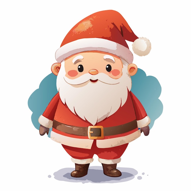 Święty Mikołaj z kreskówki stoi w czerwonym garniturze z czerwonym kapeluszem i białym tłem Uśmiecha się i jest szczęśliwy