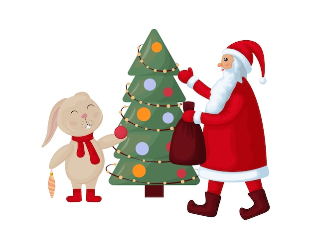Święty Mikołaj Z Króliczą Ilustracją świąteczną Przedstawiającą Uroczego Królika Ze świętym Mikołajem I Chri