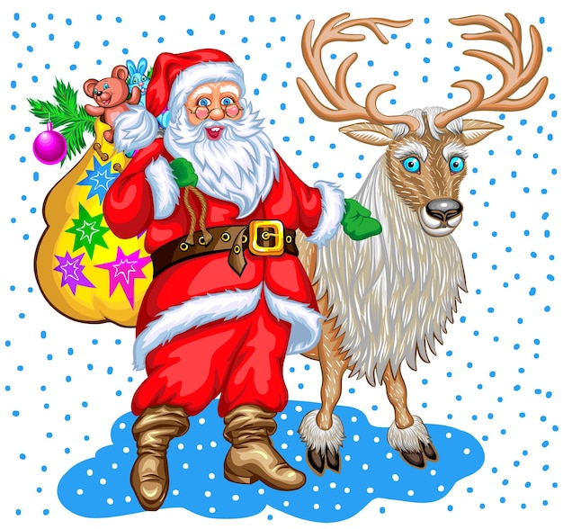 Święty Mikołaj Z Torbą Prezentów I Reniferami. Boże Narodzenie Ilustracja