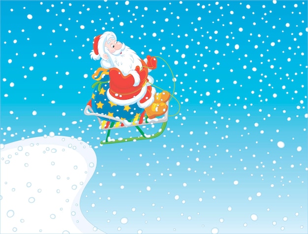 Święty Mikołaj Z Torbą świątecznych Prezentów Leci Na Saniach Ze śnieżnej Trampoliny