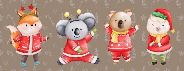Święty Mikołaj Zwierząt Akwarela Boże Narodzenie Ilustracja Zwierząt Lis Niedźwiedź Koala Owca