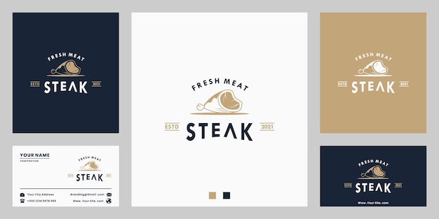 Świeże Mięso, Steak House, Stek Wołowy, Logo Vintage Z Wizytówką Dla Restauracji