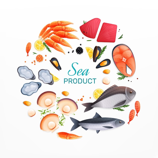 Plik wektorowy Świeże owoce morza realistyczna okrągła kompozycja reklamowa z łososiem, tuńczykiem, stekami, skorupiakami, ostrygami, krewetkami, ilustracjami