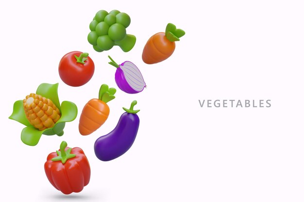 Plik wektorowy Świeże warzywa ekologiczne z gospodarstwa 3d brokuły marchewka cebula pomidor kukurydza bakłażan papryka
