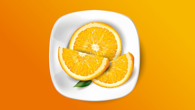 Plik wektorowy Świezi pomarańcze plasterki na białym talerzu.