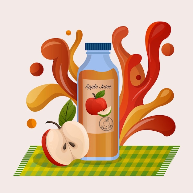 Plik wektorowy Świeży sok jabłkowy w koncepcji szklanej butelki czerwone jabłko spada na plusk i falowanie soku
