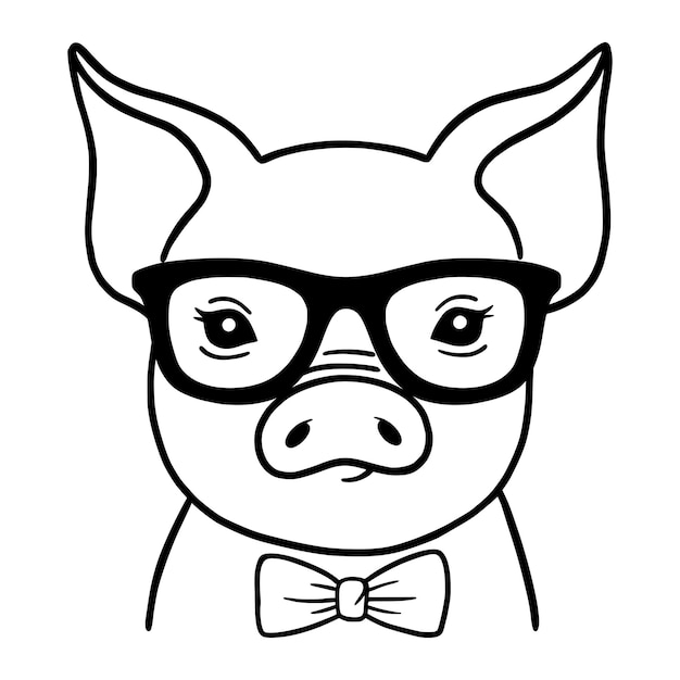 Świnia Czarno-biały Portret Ręcznie Rysowane świnia Twarz W Linii Głowa świni W Okularach I Muszka