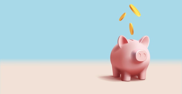 Plik wektorowy Świnia skarbonka ze stosem złotych monet 3d renderowanie realistyczne wektor ilustracja bank cyfrowy ikona transparent