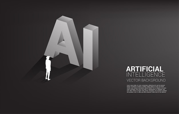 Sylwetka Biznesmen Pozycja Z Ai Tekstem 3d. Uczenie Maszynowe Biznesowe I Sztuczna Inteligencja