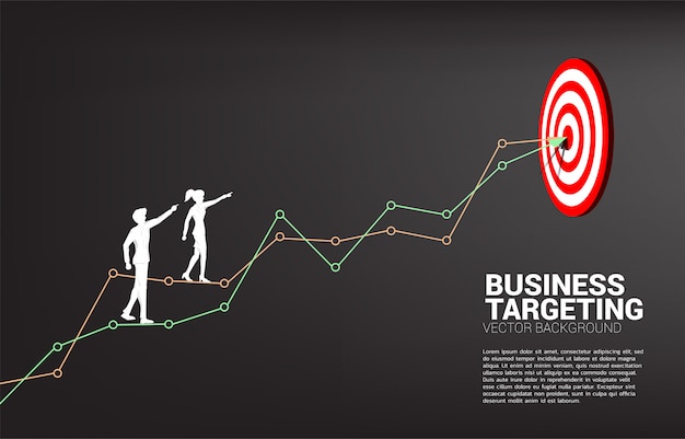 Sylwetka Biznesmena I Bizneswomanu Punkt Dartboard Na Kreskowym Wykresie Centre Dartboard