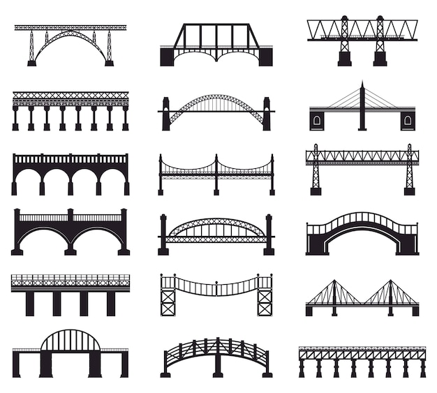 Sylwetka Budowy Mostu. Budynek Architektury Mostu Rzecznego, Zestaw Ikon Ilustracji Sylwetka Jezdni Transportu Mostu. Architektura Budowlana, Kolejowa I Piesza