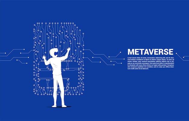 Sylwetka człowieka nosi okulary VR i ikonę karty sim w kształcie linii kropki Koncepcja mobilnej technologii i sieci kart sim