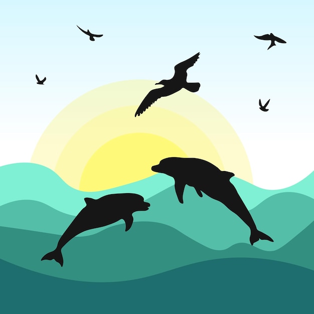 Plik wektorowy sylwetka delfina na tle morza