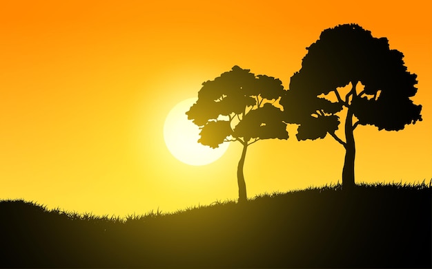 Plik wektorowy sylwetka drzew o wschodzie słońca