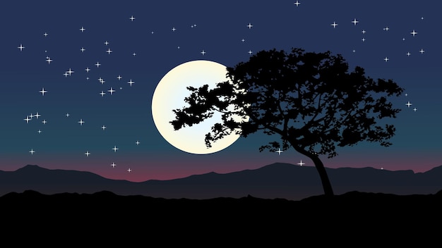 Sylwetka drzewa na tle nocnego nieba z księżycem w tle.