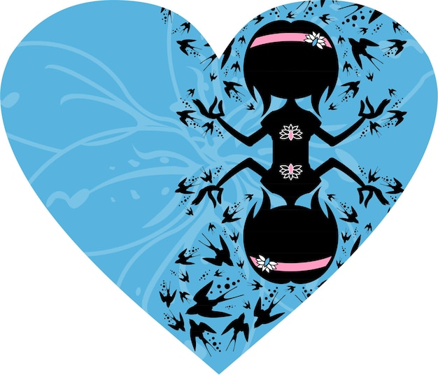 Plik wektorowy sylwetka dziewczyny jogi kreskówka w walentynki serca z ilustracja jaskółki